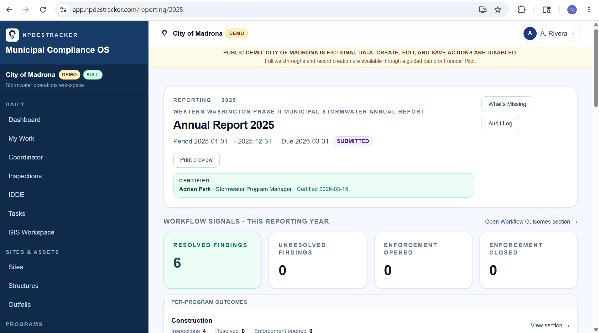 Annual Report 2025 view inside the NPDESTracker public demo, showing the submitted reporting period, certification record, and workflow signals on the fictional City of Madrona tenant
