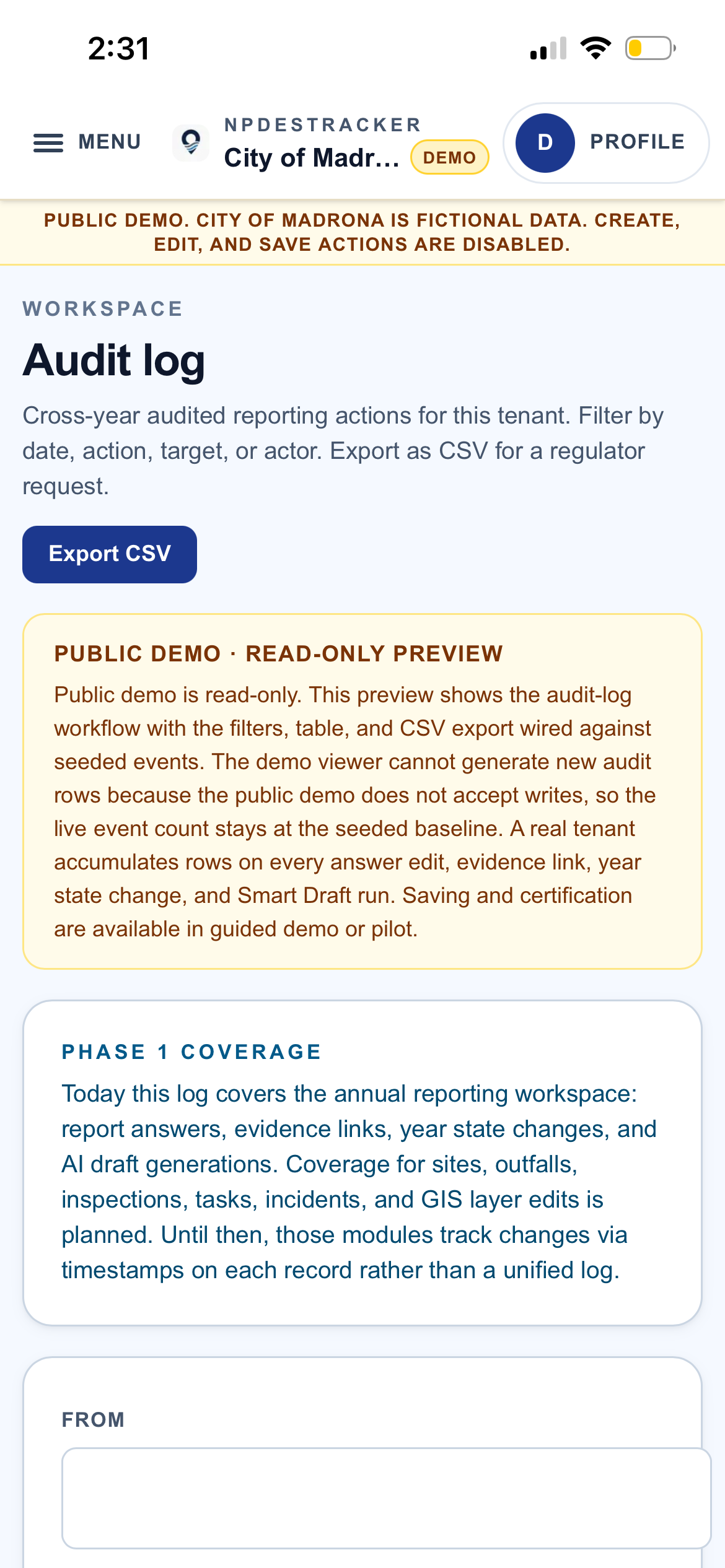 The Audit log workspace inside the NPDESTracker public demo on a phone, showing the cross-year audited reporting actions title, an Export CSV control, a read-only preview note explaining the public demo does not accept writes, and a scope note describing what the audit log surfaces across the annual reporting workspace, on the fictional City of Madrona demo tenant