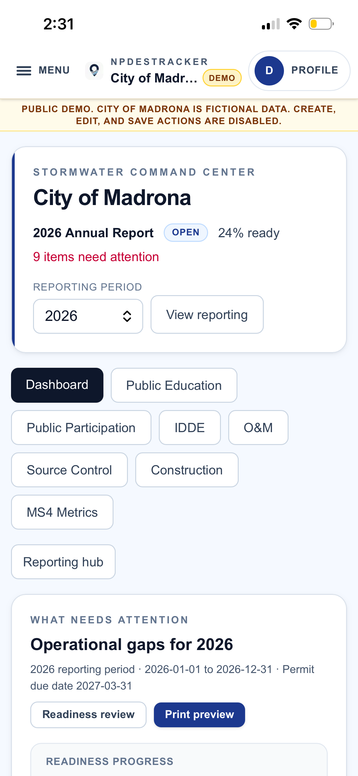 Coordinator daily-checks view on a mobile phone inside the NPDESTracker public demo. Fictional demo data: inspections overdue, sites missing coordinates, and sites missing permit numbers.
