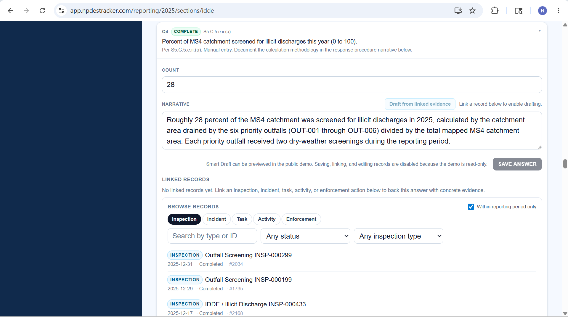 Smart Draft preview inside the NPDESTracker public demo. Fictional demo data: a draft narrative pulled from linked records under an MS4 Mapping and Documentation question, with the Save Answer button visible and a note that save and edit actions are disabled in the public sample.