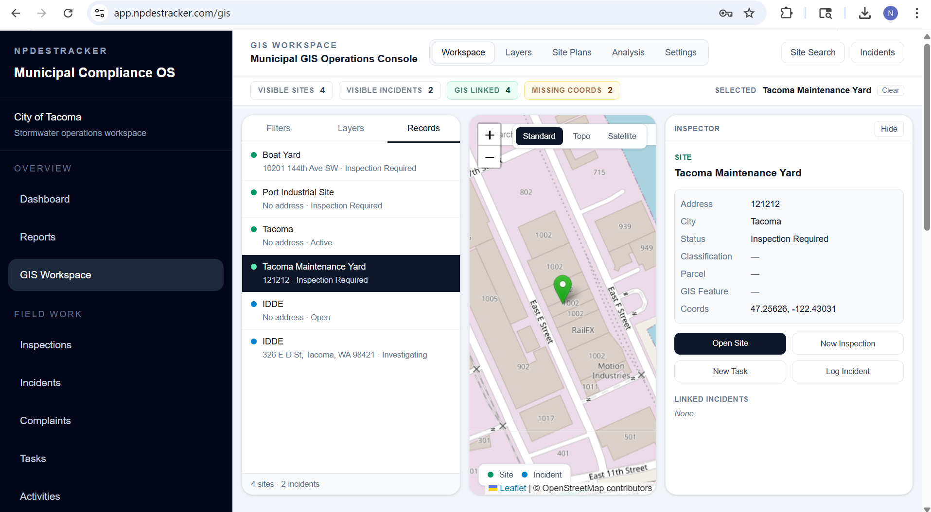 NPDESTracker GIS workspace showing the sites list, a live municipal map with site markers, and an inspector panel for the selected site