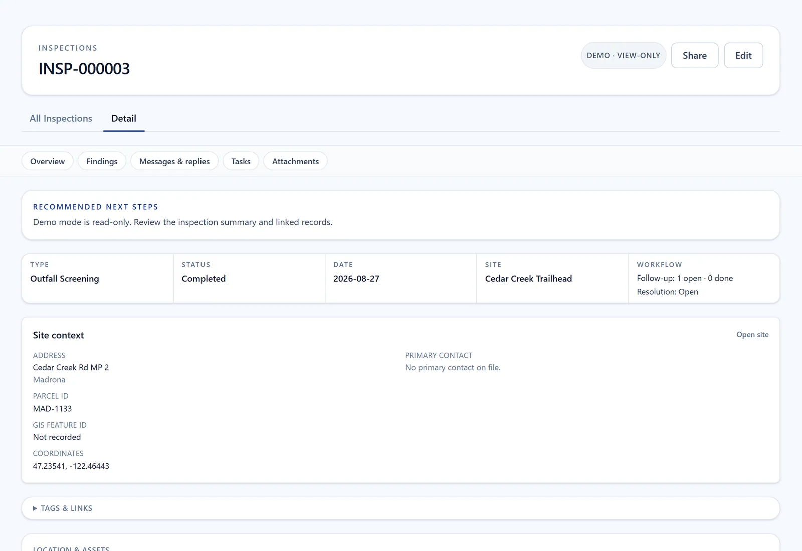 Inspection record in the public demo with status, site details, follow-up counts, and tabs for findings, messages, tasks, and attachments.