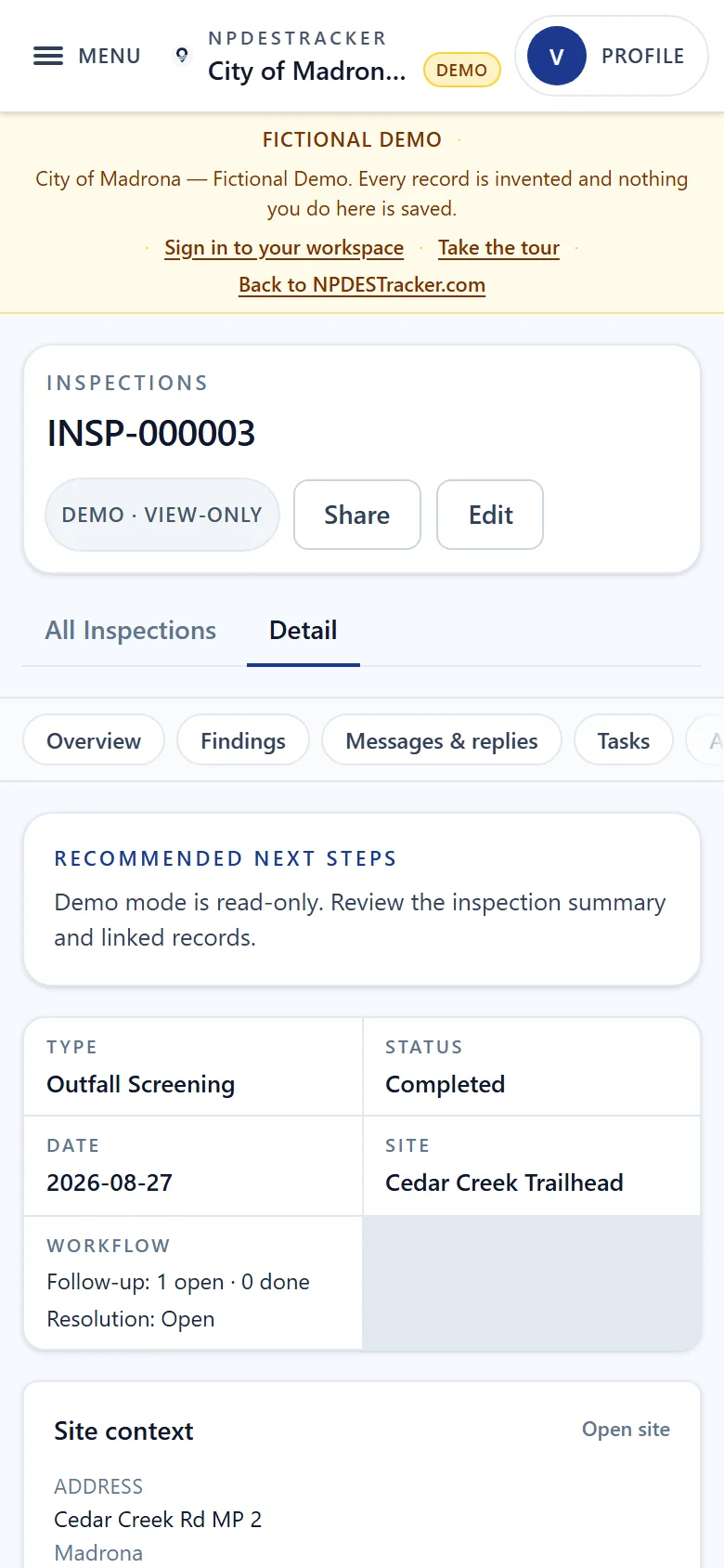 An inspection record on a phone in the public demo: an outfall screening marked completed, its date and site, the follow-up workflow with one open task, and the site context with the address. Fictional City of Madrona data.